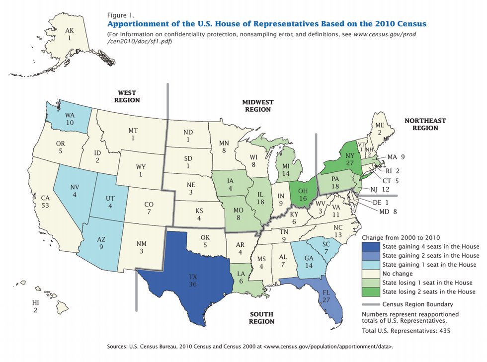 Apportionment map of 2010 Census shows number of seats gained and lost in the US house of representatives for each US state. 